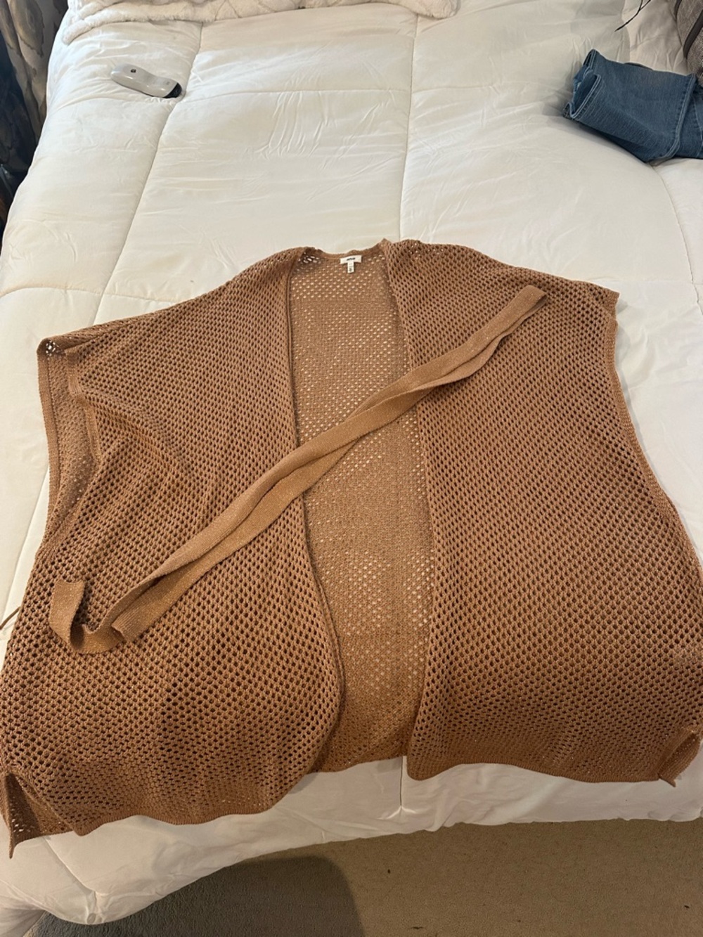 Open Knit Belted Cover Up- Camel Brown